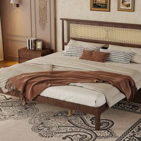 King Size Solid Wooden Bed with Rattan Headboard