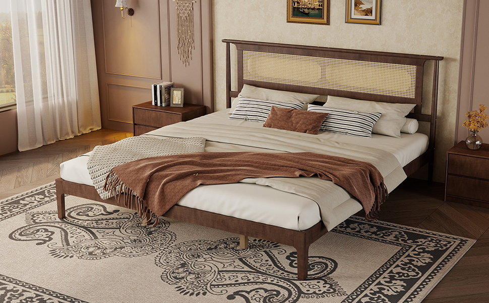 King Size Solid Wooden Bed with Rattan Headboard