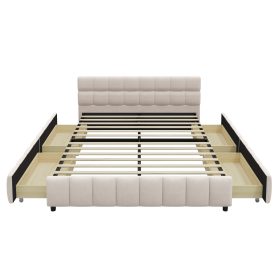 Queen Size Upholstered Platform Bed Frame with 4 Storage Drawers