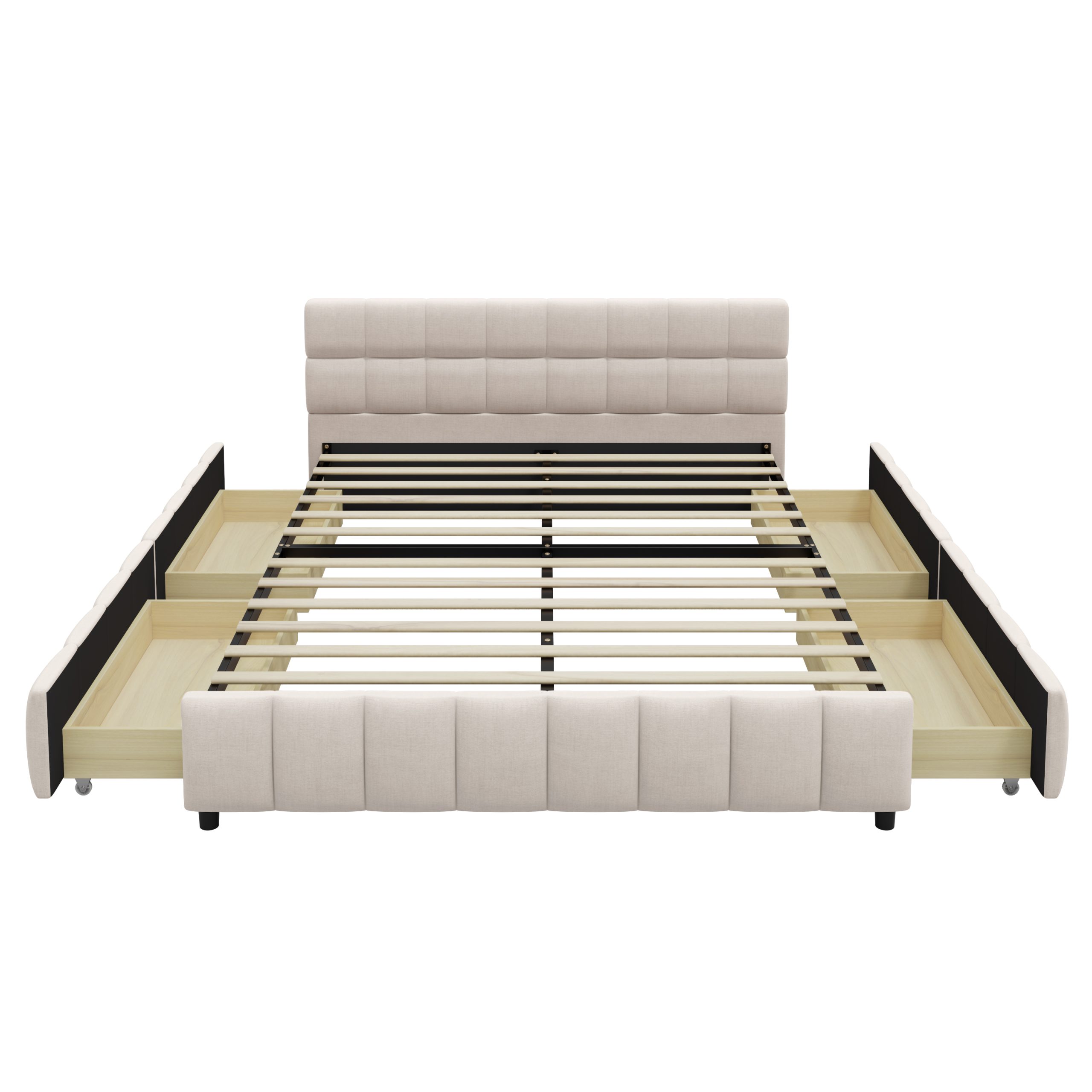 Queen Size Upholstered Platform Bed Frame with 4 Storage Drawers