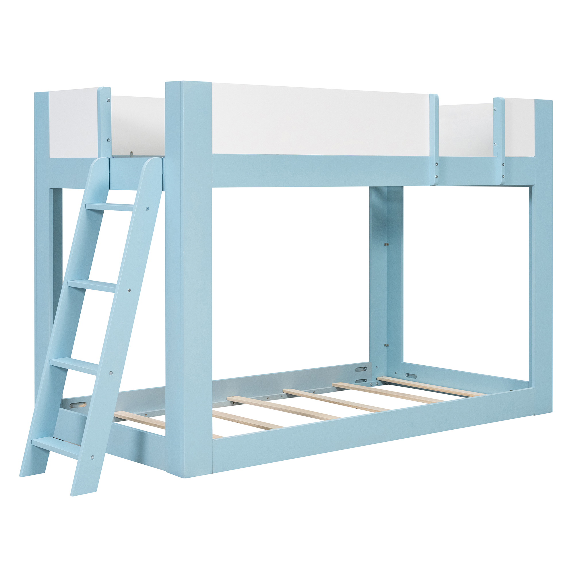Twin Size Low Convertible Bunk Bed With Reversible Ladder And Safety Guardrails