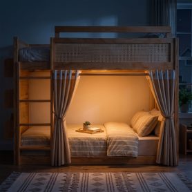 Twin Size Bunk Bed with 3-Tier Storage Shelf, Rattan Decor, Privacy Curtains & Lights