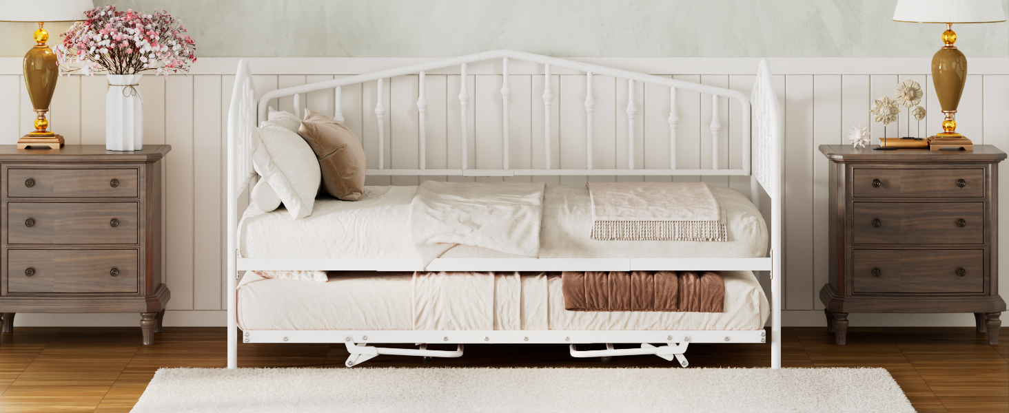Twin Size Stylish Metal Daybed with Twin Size Adjustable Trundle