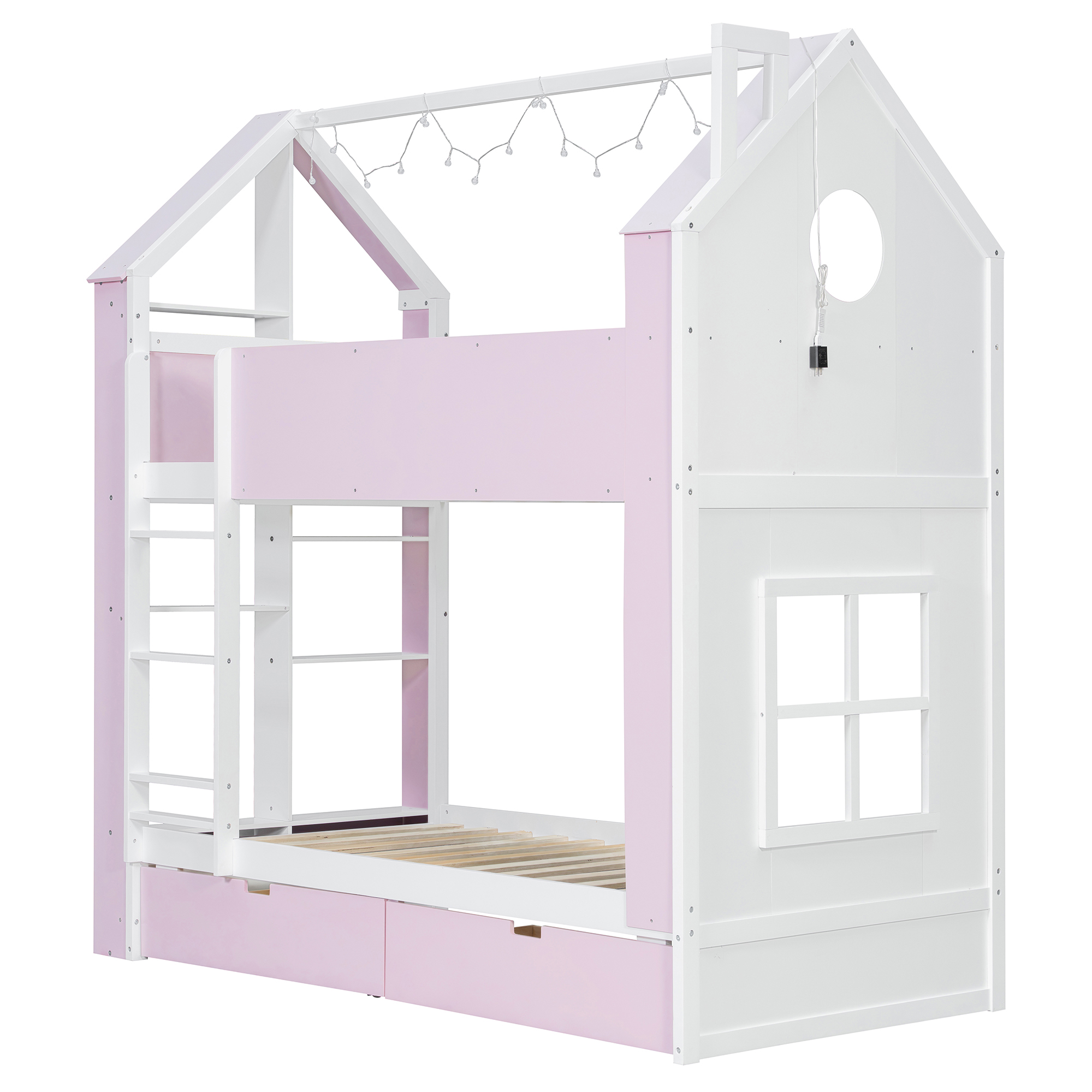 Twin Over Twin House Bed with Storage Drawers & Shelves