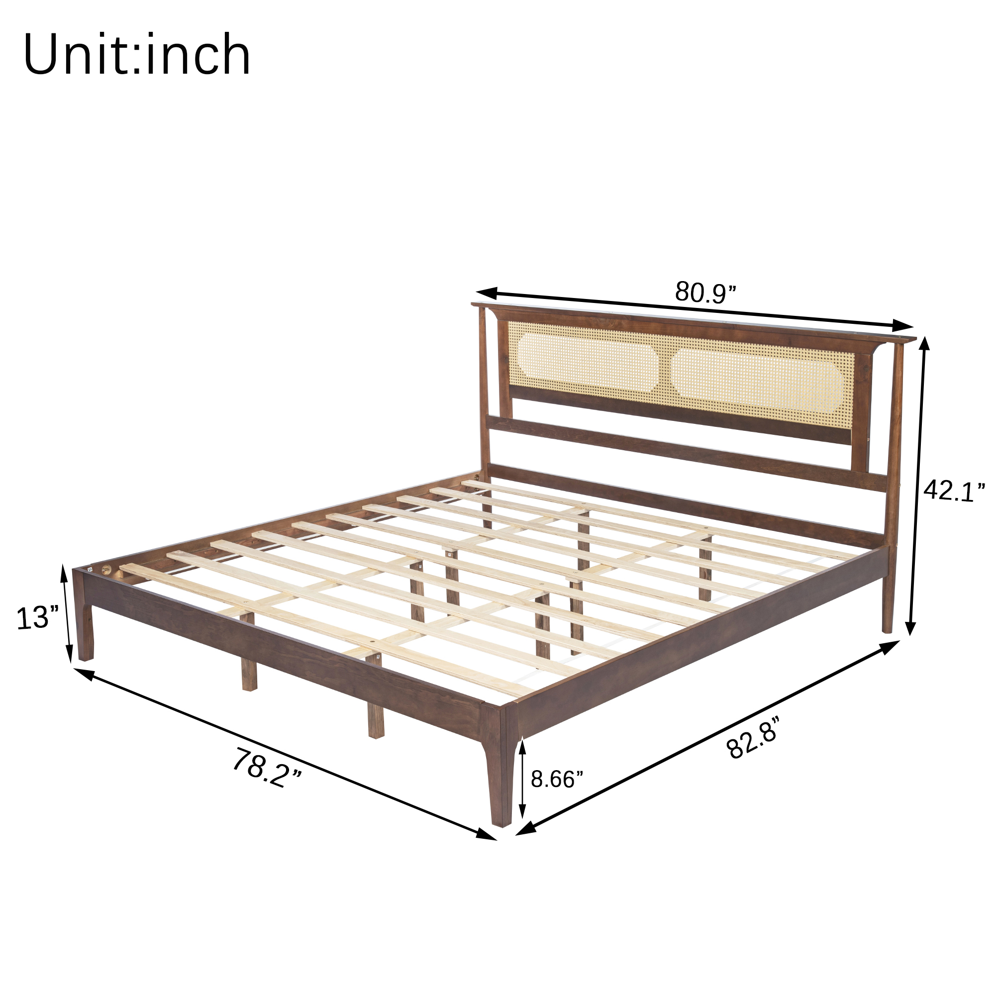 King Size Solid Wooden Bed with Rattan Headboard