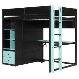Full Size Solid Wood Loft Bed with Desk, Storage Cabinet and Wardrobe
