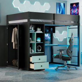 Full Size Solid Wood Loft Bed with Desk, Storage Cabinet and Wardrobe
