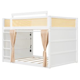 Full Size Bunk Bed with 3-Tier Storage Shelf, Rattan Decor, Privacy Curtains & Lights