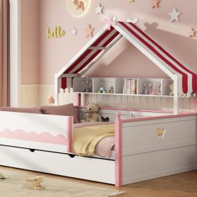 Full Size House-Shaped Daybed with Built-In Bookshelf and Trundle