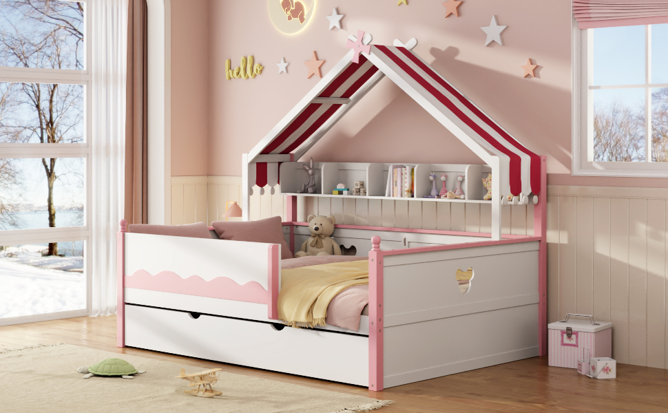 Full Size House-Shaped Daybed with Built-In Bookshelf and Trundle