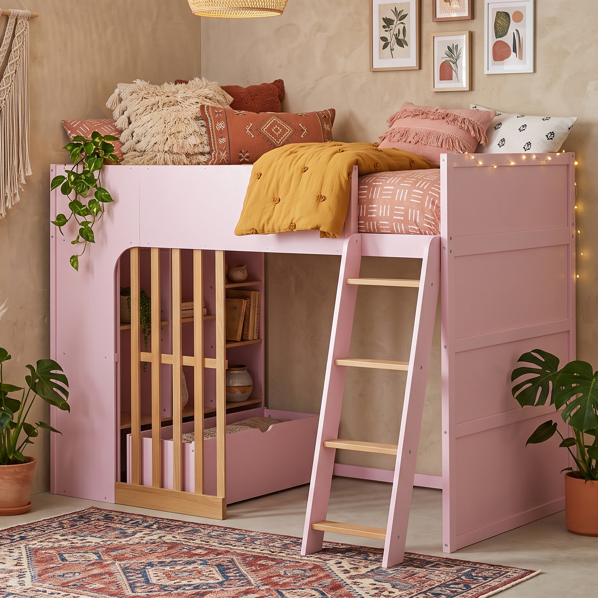 Twin Size Wooden High Sleeper Loft Bed with Ladder and Storage Shelves