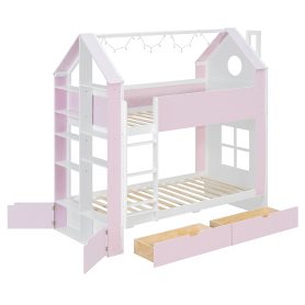 Twin Over Twin House Bed with Storage Drawers & Shelves