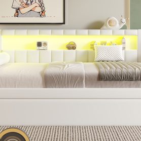 Upholstered Full Size Platform Bed with Trundle, USB Ports and LED Belt
