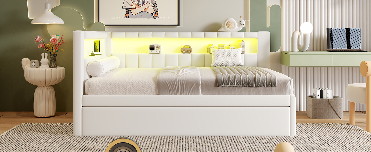 Upholstered Full Size Platform Bed with Trundle, USB Ports and LED Belt