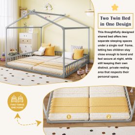 Double Twin House-Shaped Floor Bed with Safety Guardrails