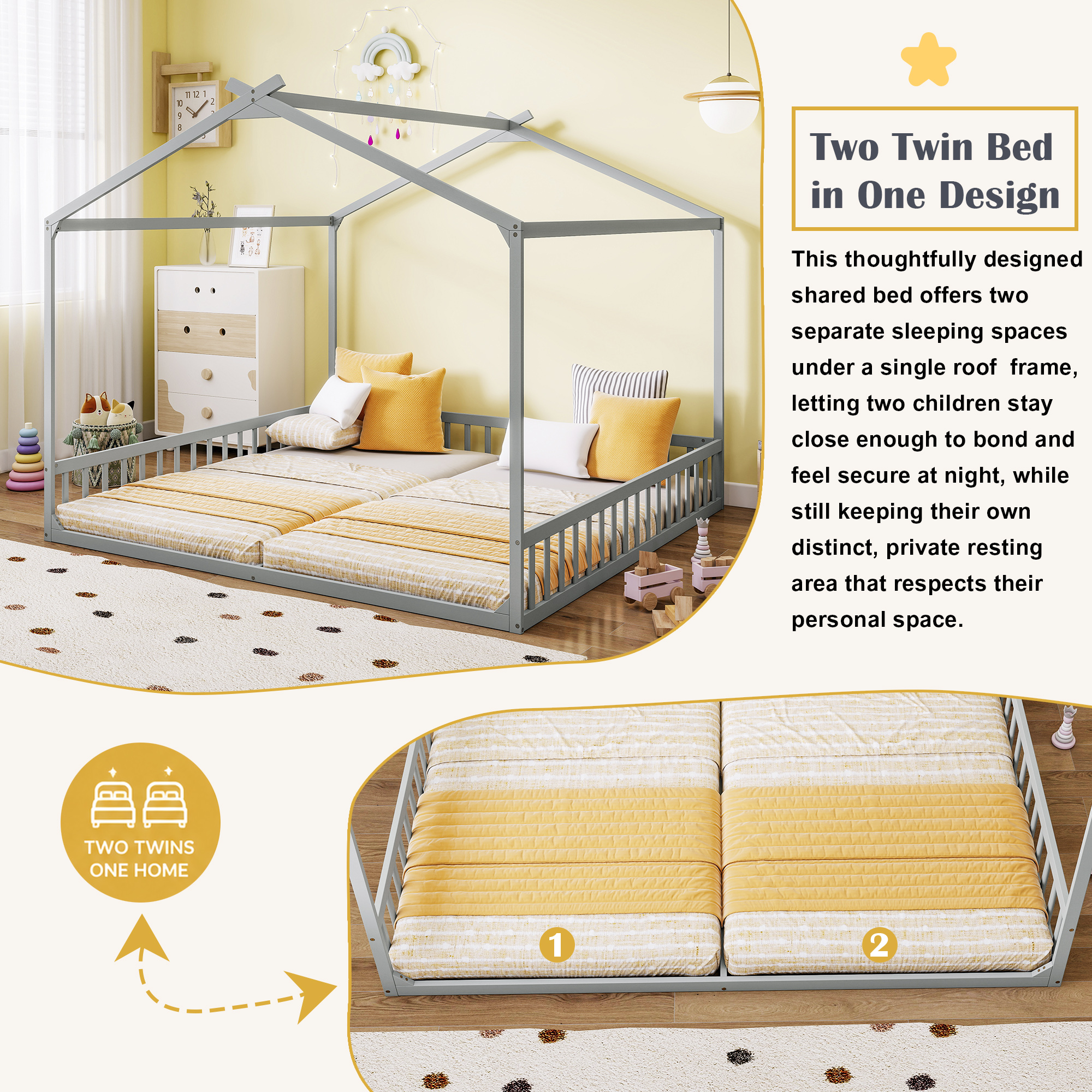 Double Twin House-Shaped Floor Bed with Safety Guardrails