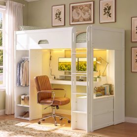 Twin Size Solid Wood Loft Bed With L-Shaped Desk, Storage Cabinet and Wardrobe