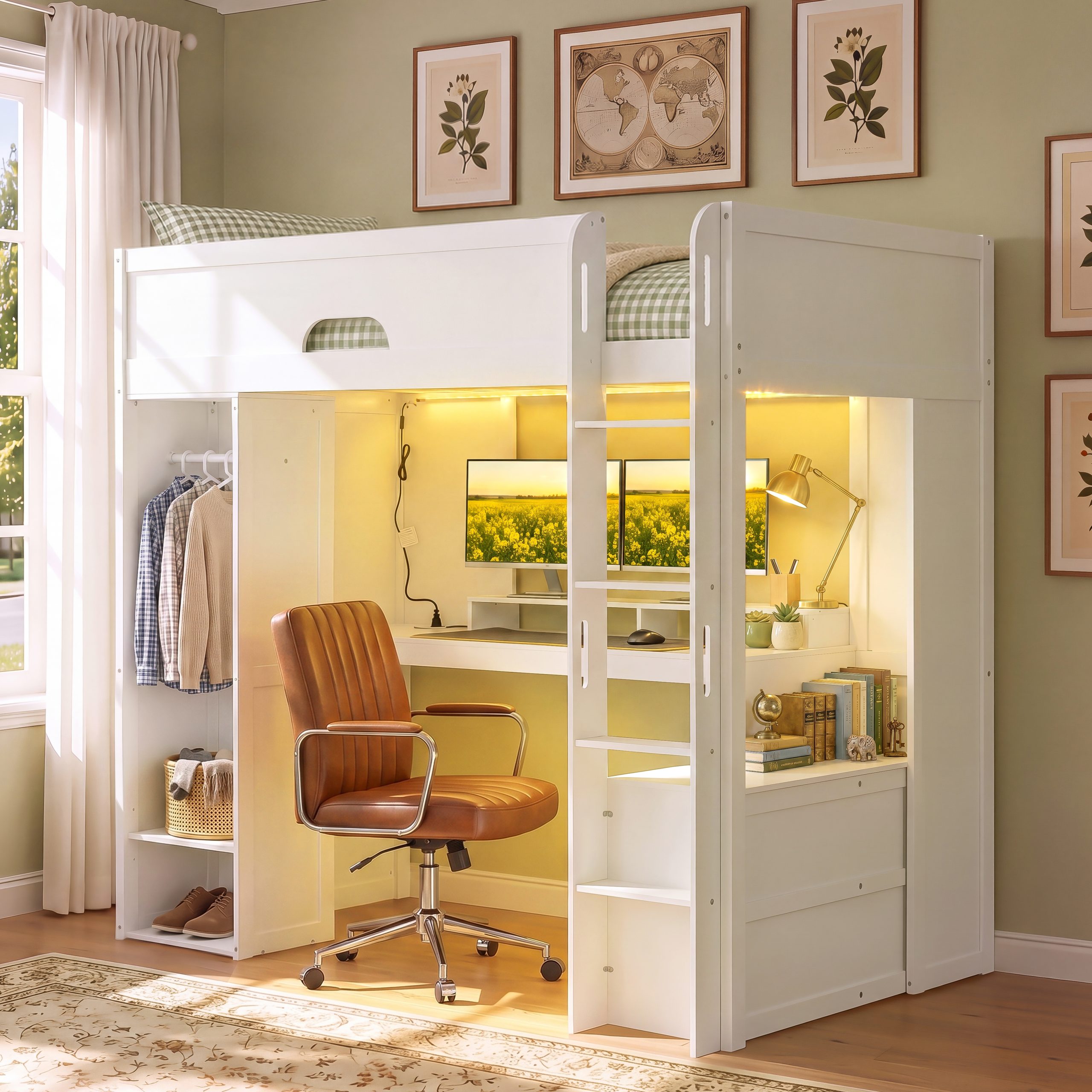 Twin Size Solid Wood Loft Bed With L-Shaped Desk, Storage Cabinet and Wardrobe