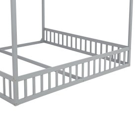 Double Twin House-Shaped Floor Bed with Safety Guardrails