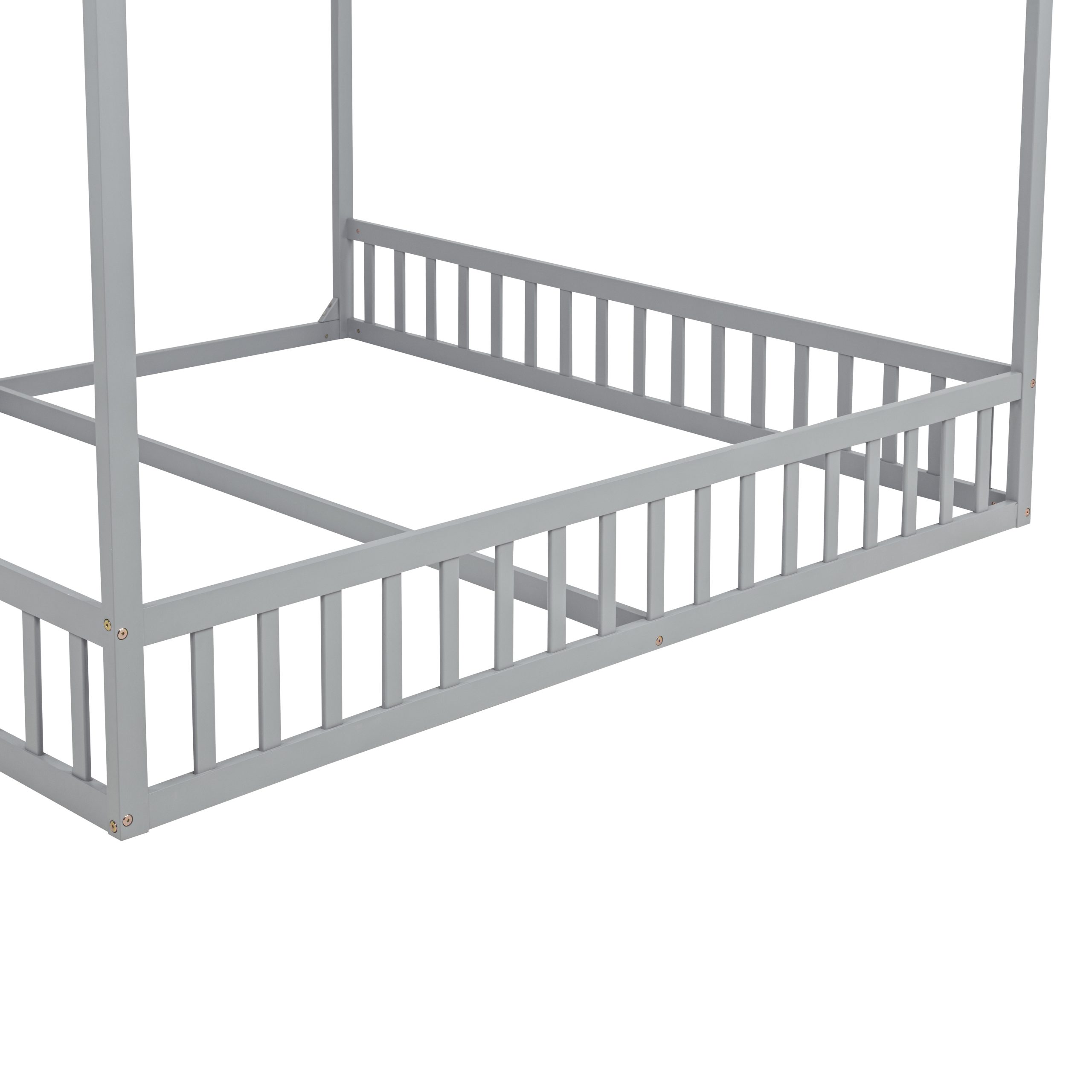 Double Twin House-Shaped Floor Bed with Safety Guardrails