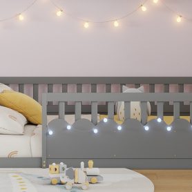 Twin Montessori Floor Bed with High Rails, Light And Storage Shelf