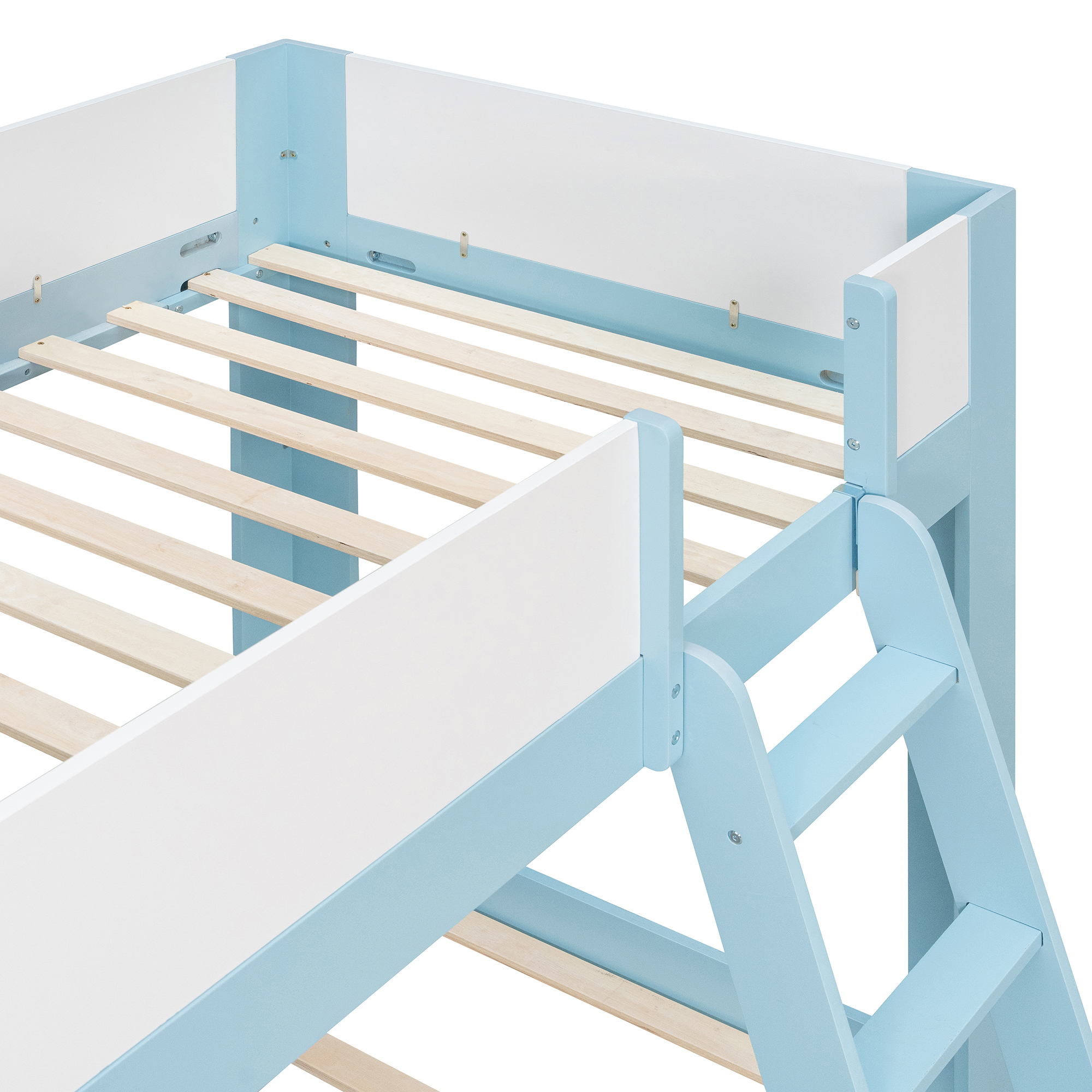 Twin Size Low Convertible Bunk Bed With Reversible Ladder And Safety Guardrails