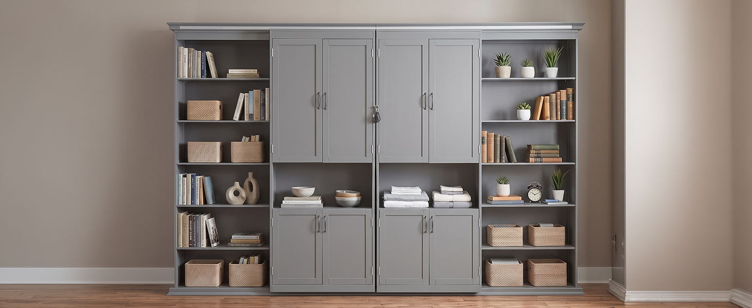 Queen-size Murphy Bed with Dual Sliding Storage Cabinets