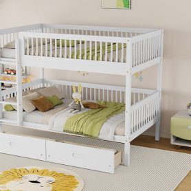 Twin Over Twin Pine Wood Bunk Bed With 2 Drawers, Convertible into 2 Twin Beds