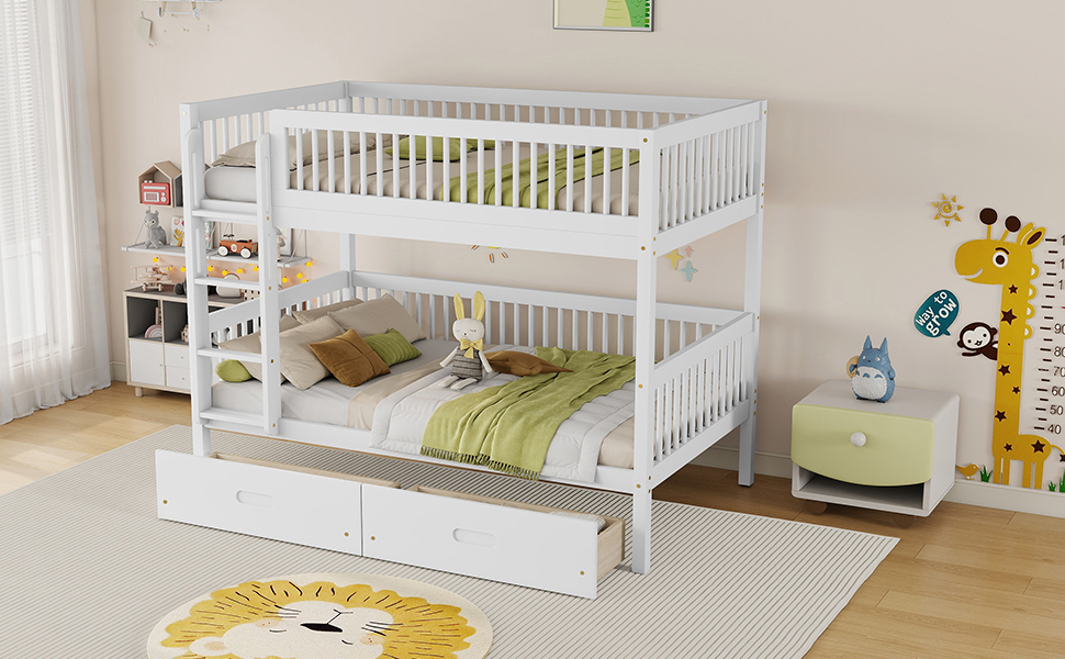 Twin Over Twin Pine Wood Bunk Bed With 2 Drawers, Convertible into 2 Twin Beds