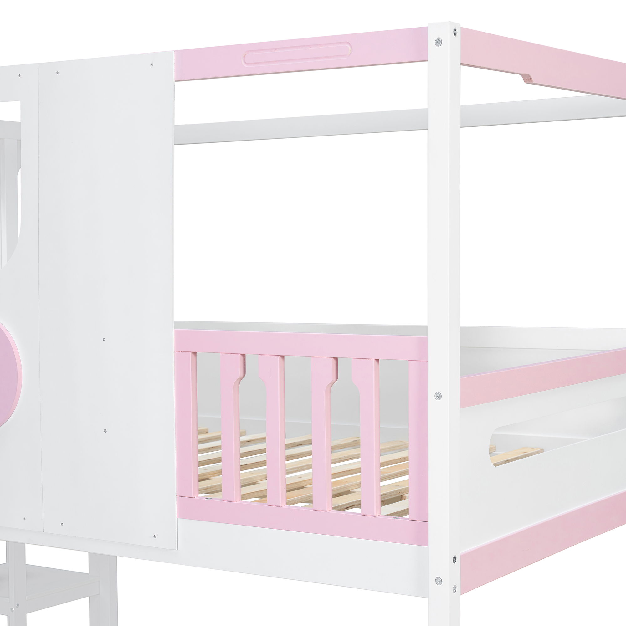 Full Size Kids Loft Bed With Slide, Storage Shelves And Guardrails