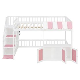 Full Size Loft Bed with Storage Steps, LED Light, Under Bed Cabinets