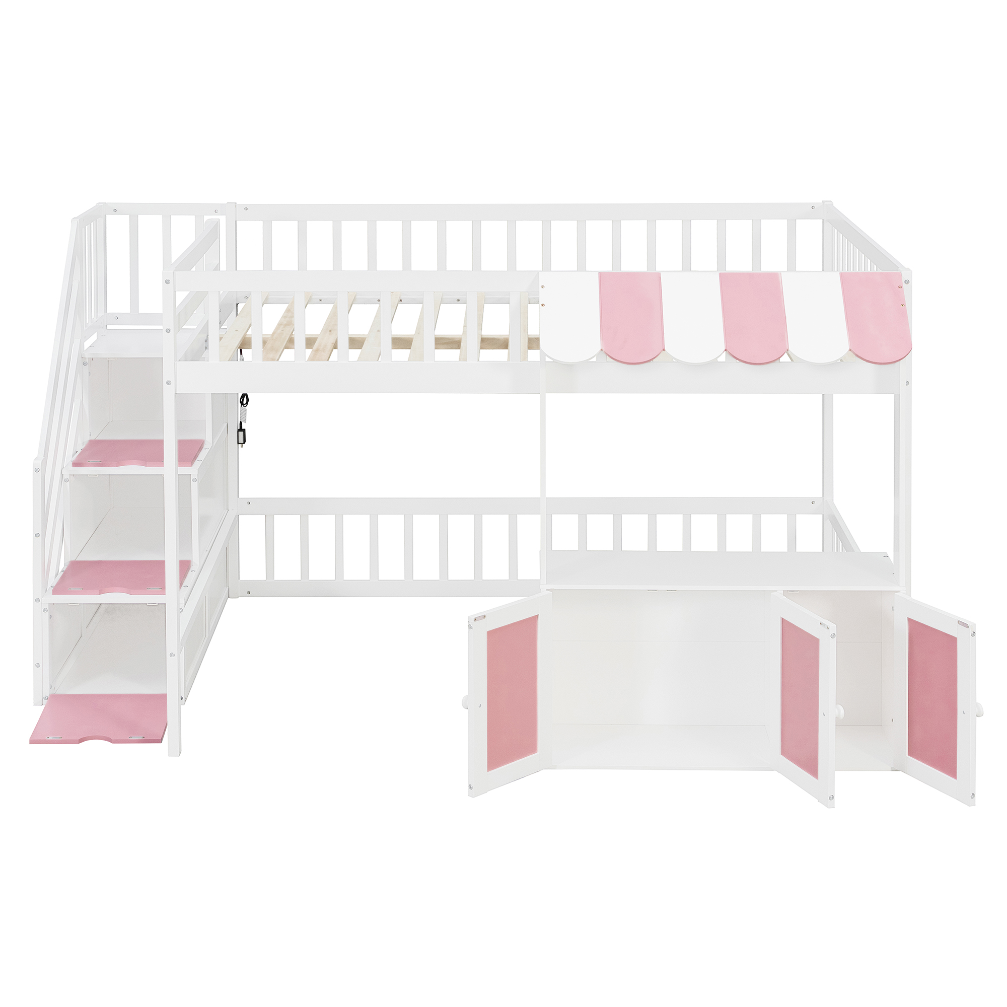 Full Size Loft Bed with Storage Steps, LED Light, Under Bed Cabinets