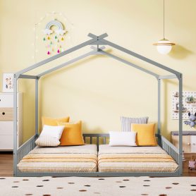 Double Twin House-Shaped Floor Bed with Safety Guardrails
