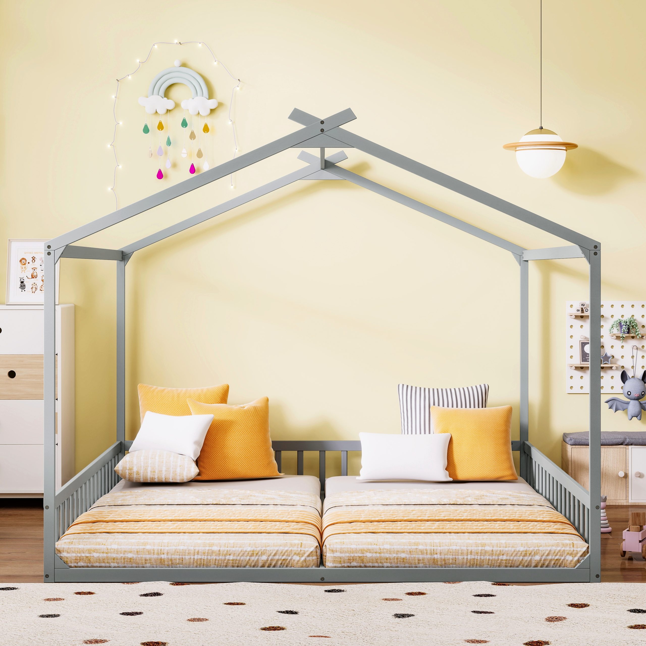 Double Twin House-Shaped Floor Bed with Safety Guardrails
