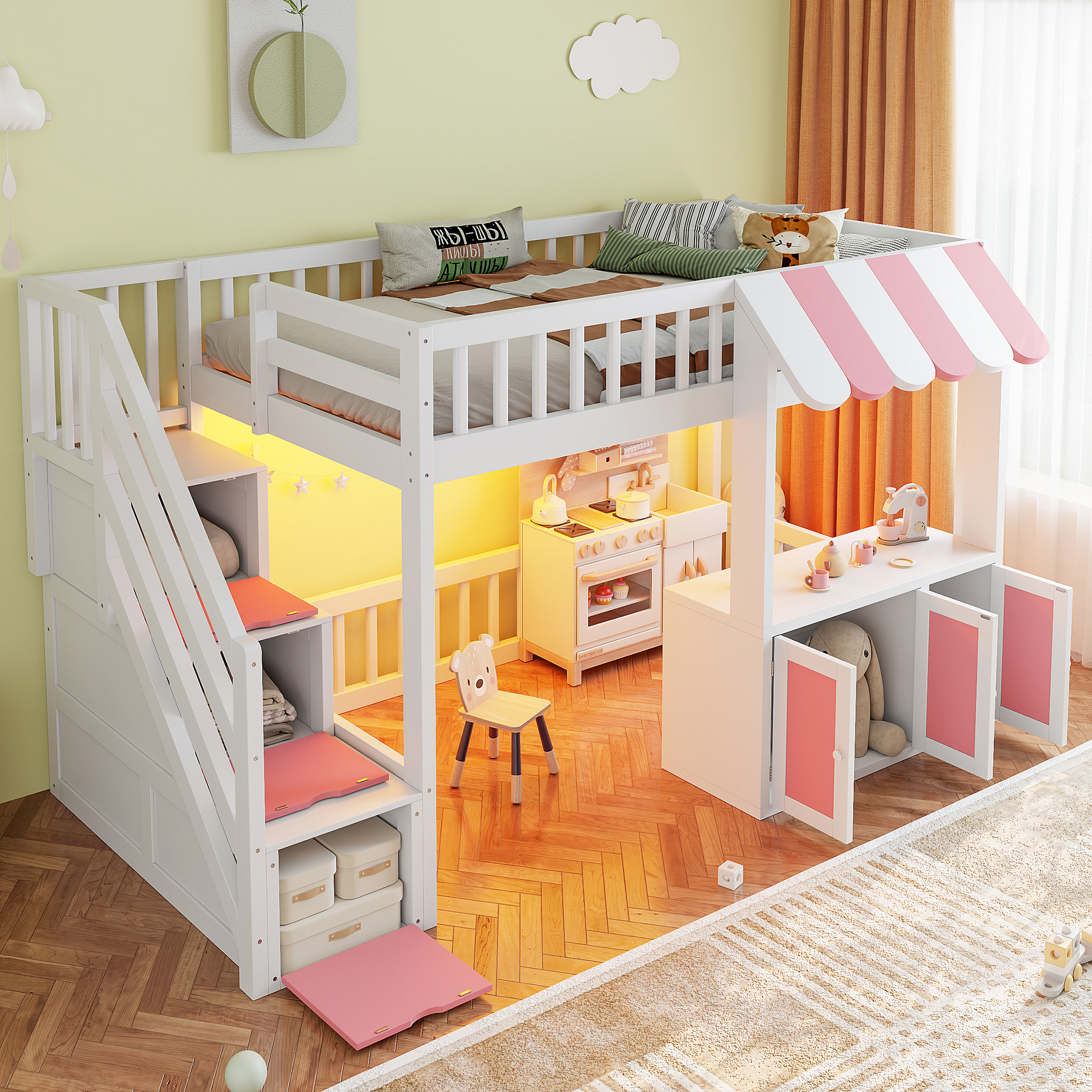 Twin Size Loft Bed with Storage Steps, LED Light, Under Bed Cabinets