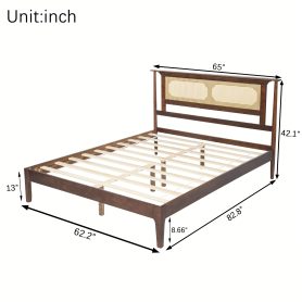 Queen Size Solid Wooden Bed with Rattan Headboard