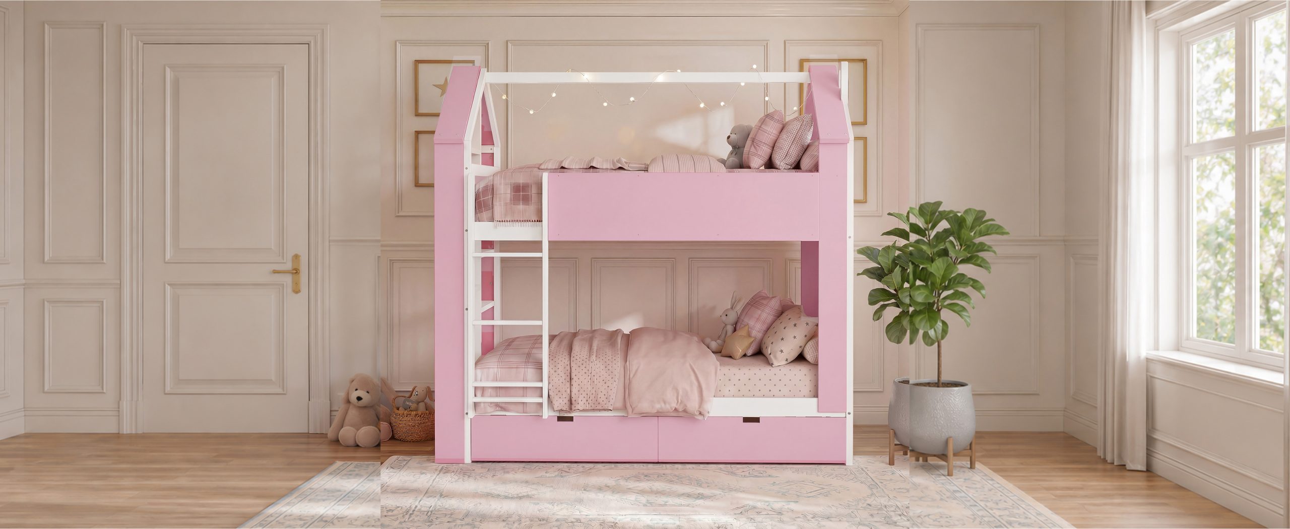 Twin Over Twin House Bed with Storage Drawers & Shelves