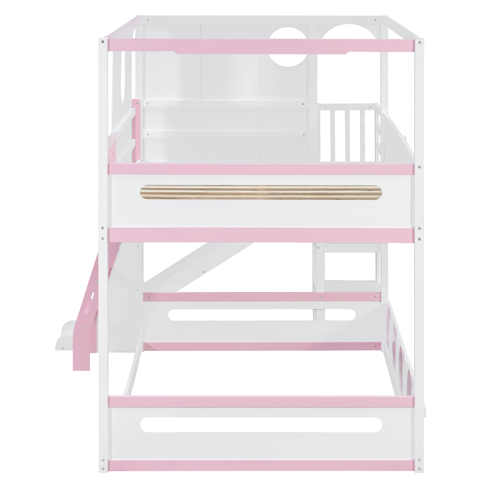 Full Size Kids Loft Bed With Slide, Storage Shelves And Guardrails