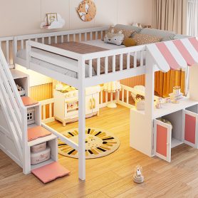 Full Size Loft Bed with Storage Steps, LED Light, Under Bed Cabinets