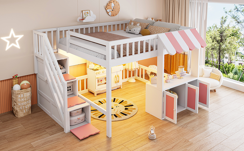 Full Size Loft Bed with Storage Steps, LED Light, Under Bed Cabinets