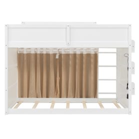 Full Size Bunk Bed with 3-Tier Storage Shelf, Rattan Decor, Privacy Curtains & Lights