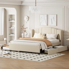 Queen Size Upholstered Platform Bed With Wingback Headboard, One Twin Trundle And 2 Drawers