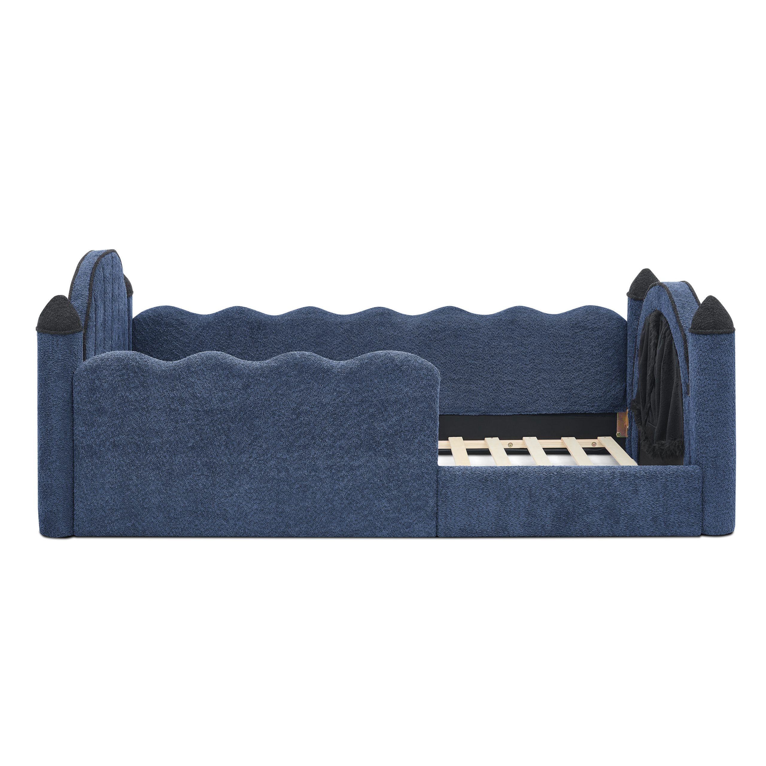 Twin Size Castle Bed with Safety Guardrail and Curtain