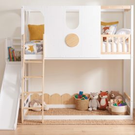 Twin Size Kids Loft Bed With Slide, Storage Shelves And Guardrails