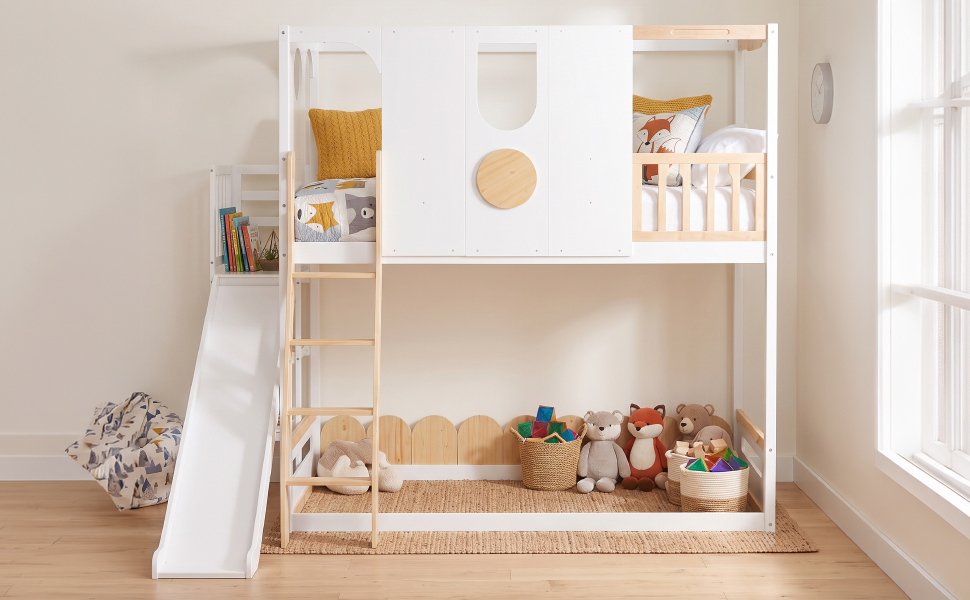 Twin Size Kids Loft Bed With Slide, Storage Shelves And Guardrails