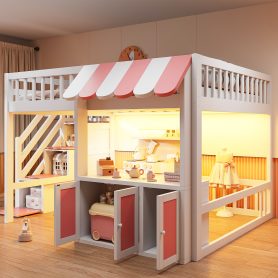 Full Size Loft Bed with Storage Steps, LED Light, Under Bed Cabinets