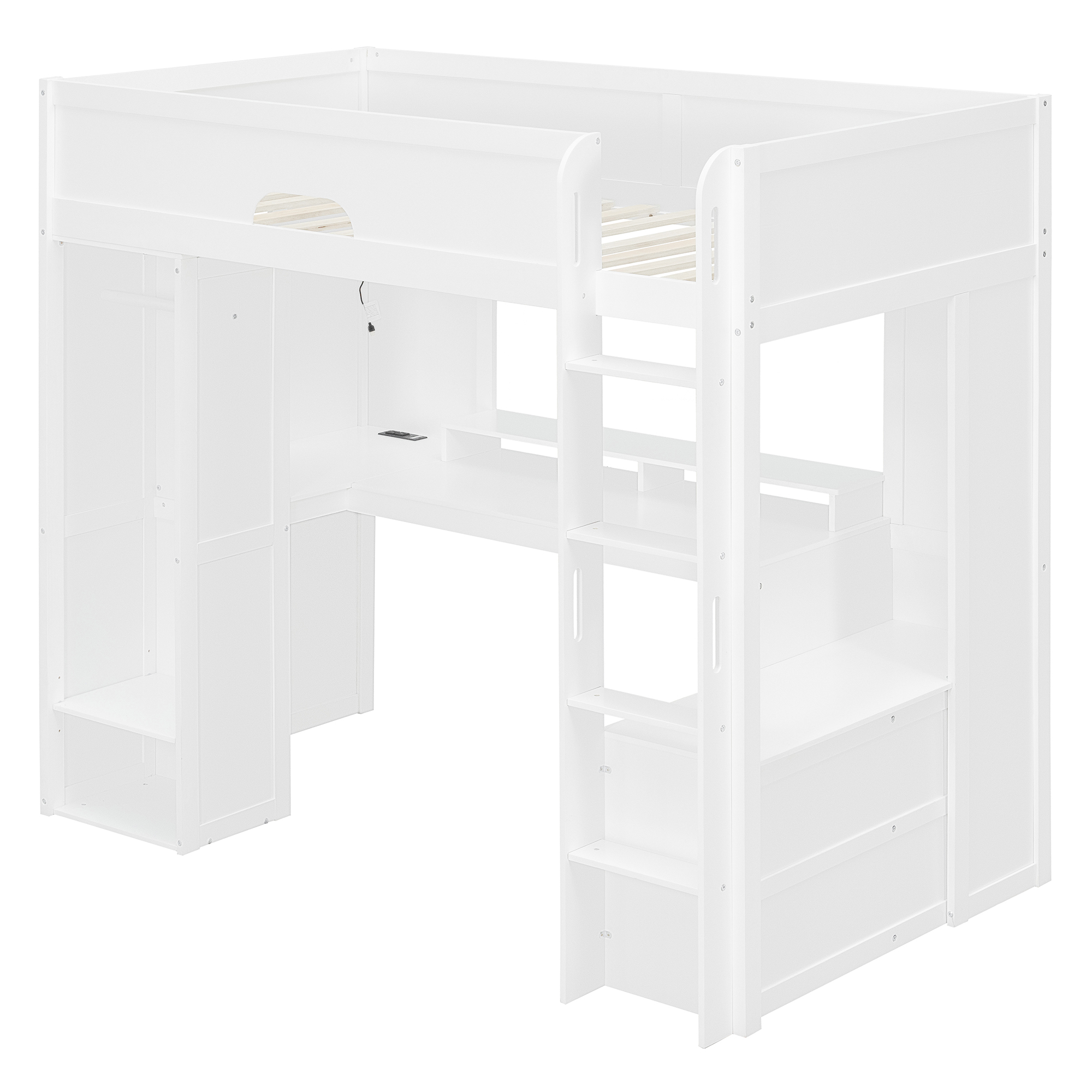 Twin Size Solid Wood Loft Bed With L-Shaped Desk, Storage Cabinet and Wardrobe