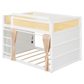 Full Size Bunk Bed with 3-Tier Storage Shelf, Rattan Decor, Privacy Curtains & Lights