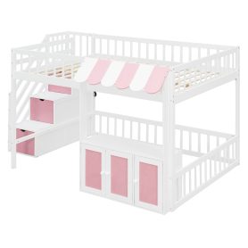 Full Size Loft Bed with Storage Steps, LED Light, Under Bed Cabinets