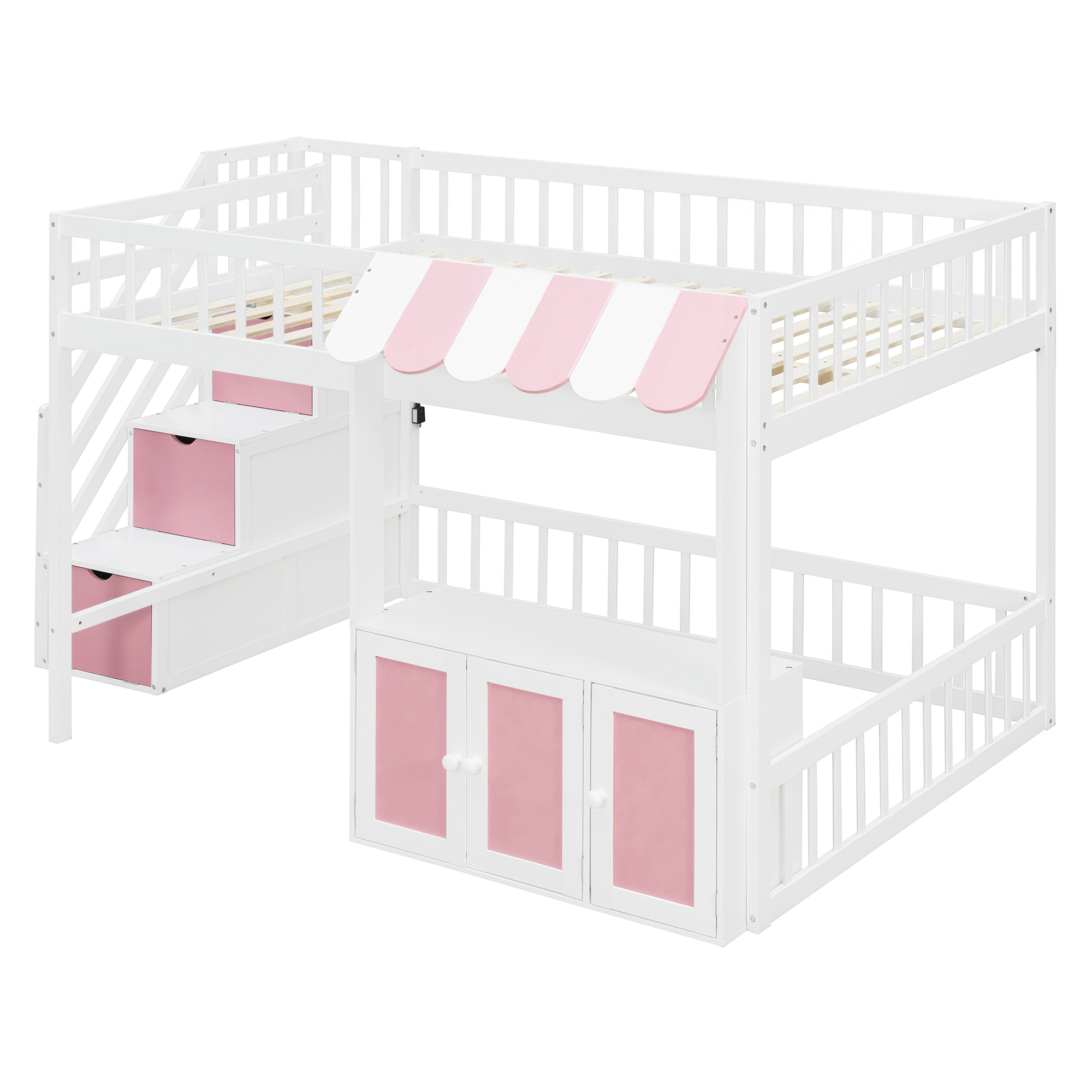 Full Size Loft Bed with Storage Steps, LED Light, Under Bed Cabinets